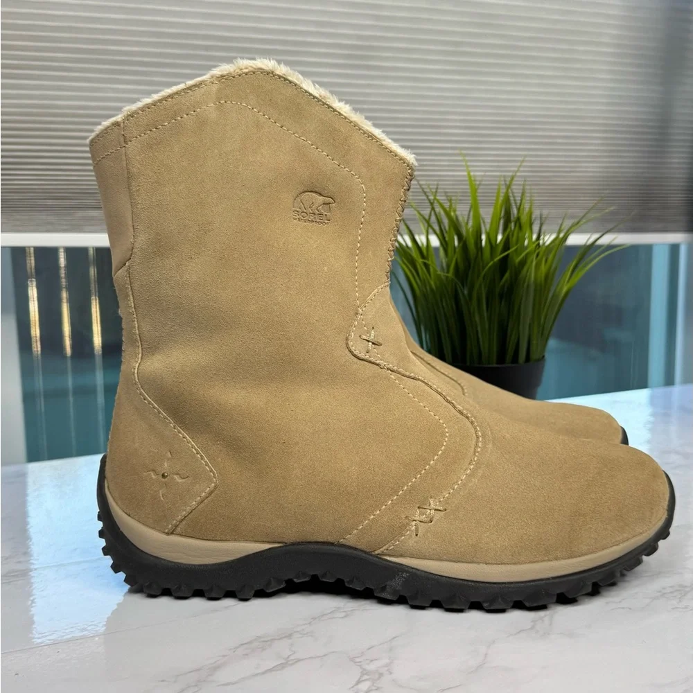 Sorel Maribel Waterproof‎ Suede Winter Boots Size 9, Camel Tan, Faux Fur